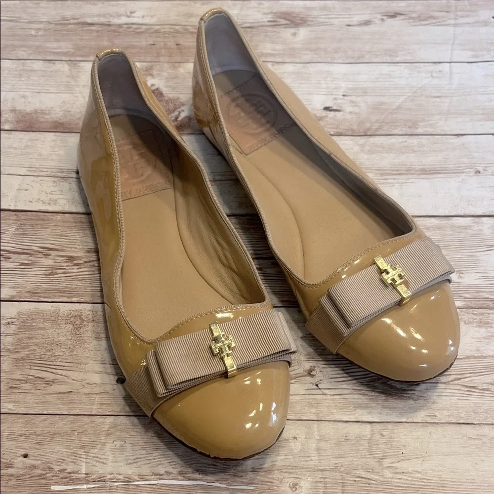 Tory Burch Tan Patent Flats with Gold Bow